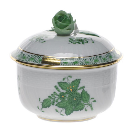 Herend Chinese Bouquet Green Covered Sugar With Rose (4 Oz) 3.25 inch