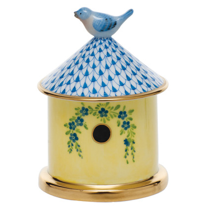 Herend Blue Fishnet Figurine - Bird House Box 3 inch D X 4 inch H