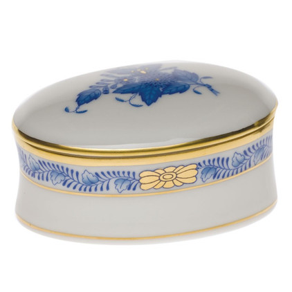 Herend Chinese Bouquet Blue Oval Box 2.75 inch L X 1.25 inch H