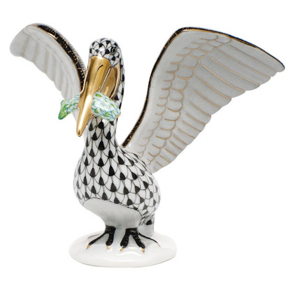 Herend Shaded Black Fishnet Figurine - Pelican With Fish 4.25 inch L X 3.75 inch H