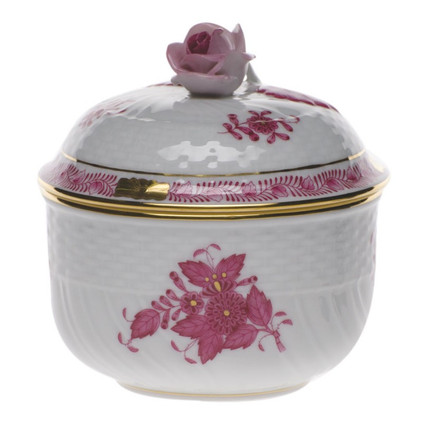 Herend Chinese Bouquet Raspberry Covered Sugar With Rose (6 Oz) 4 inch H