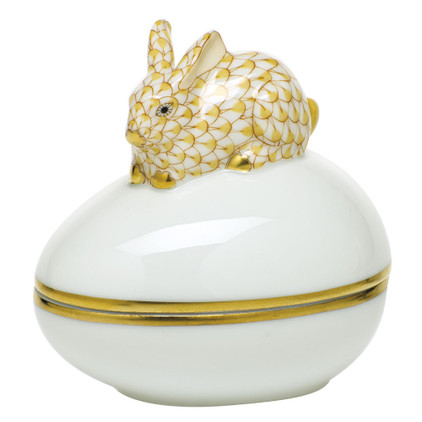 Herend Porcelain Fishnet Box Yellow Bunny Bonbon 3L X 2.25W X 3H