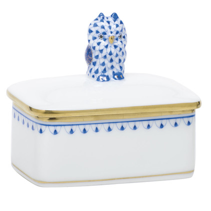 Herend Porcelain Fishnet Box Sapphire Owl Box 3L X 2W