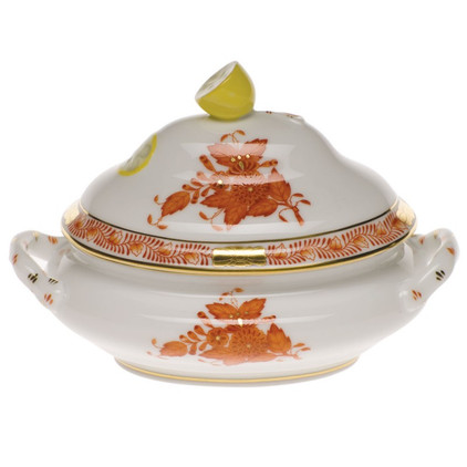 Herend Chinese Bouquet Rust Mini Tureen 5 inch L X 4 inch H With Lemon