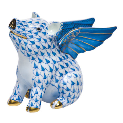 Herend Shaded Blue Fishnet Figurine - When Pigs Fly 3 inch L X 2.5 inch H