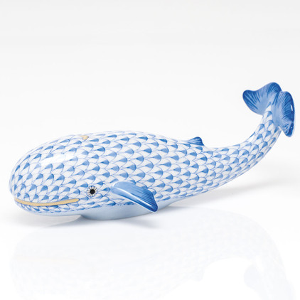 Herend Shaded Blue Fishnet Figurine - Whale 4.75 inch L X 2.25 inch H