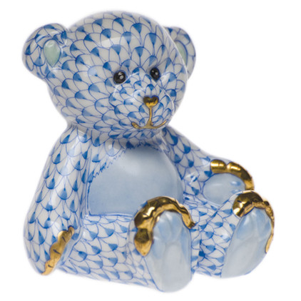Herend Shaded Blue Fishnet Figurine - Small Teddy Bear 2.5 inch L X 2.5 inch H