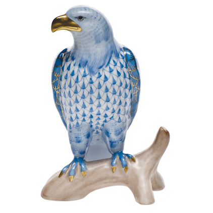 Herend Shaded Blue Fishnet Figurine - Small Bald Eagle 2.5 inch L X 5 inch H