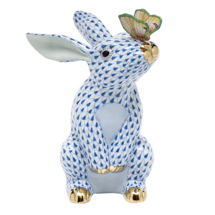 Herend Shaded Blue Fishnet Figurine - Bunny With Butterfly 4.5 inch L X 6.5 inch