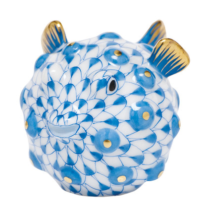 Herend Shaded Blue Fishnet Figurine - Puffer Fish 2.25 inch L X 1.5 inch H