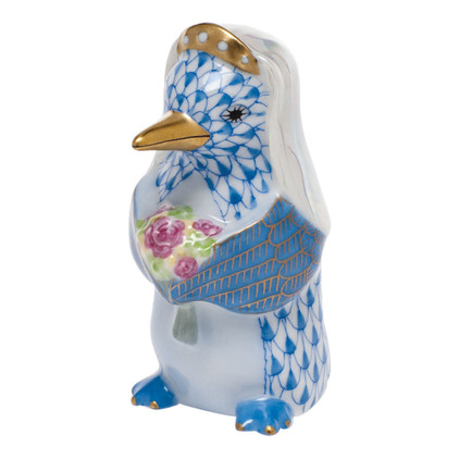 Herend Shaded Blue Fishnet Figurine - Penguin Bride 1.5 inch L X 2.5 inch H
