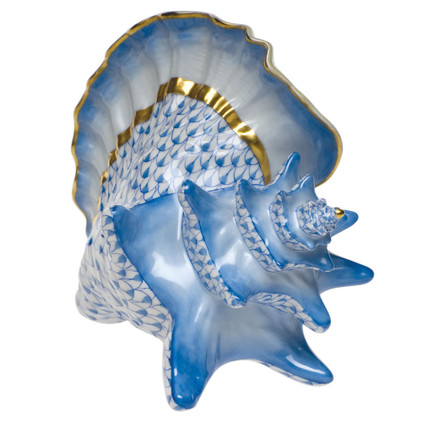 Herend Shaded Blue Fishnet Figurine - Conch Shell 5.25 inch L X 5 inch H