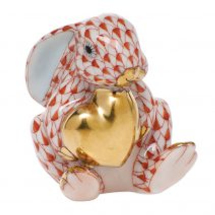 Herend Shaded Rust Fishnet Figurine - Bunny With Heart 1.5 inch L X 2 inch H