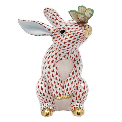 Herend Shaded Rust Fishnet Figurine - Bunny With Butterfly 4.5 inch L X 6.5 inch