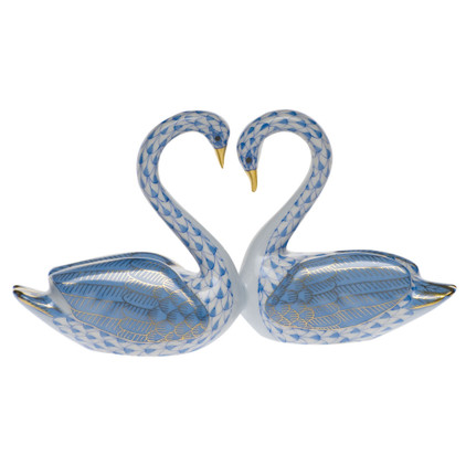 Herend Shaded Blue Fishnet Figurine - Kissing Swans 6.5 inch L X 3.5 inch H