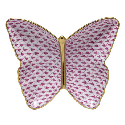Herend Porcelain Fishnet Raspberry (Pink) Butterfly Dish 4.25L X 1H