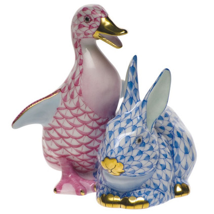 Herend Shaded Raspberry Fishnet Figurine - Duckling & Bunny 2.75 inch L X 3 inch H