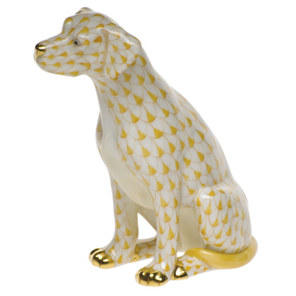 Herend Shaded Butterscotch Fishnet Figurine - Seated Dog 4.25 inch H