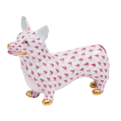 Herend Shaded Raspberry Fishnet Figurine - Corgi 3.25 inch L X 2.25 inch H