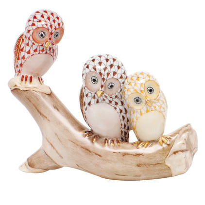 Herend Shaded Multicolor Fishnet Figurine - Owls On Branch 4.25 inch W X 3.5 inch H