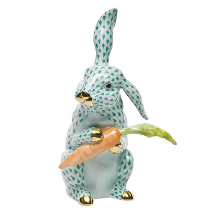 Herend Shaded Green Fishnet Figurine - Large Bunny With Carrot 7.75"H