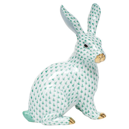 Herend Shaded Green Fishnet Figurine - Large Sitting Bunny 5.75"L X 7