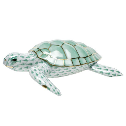 Herend Shaded Green Fishnet Figurine - Loggerhead Turtle 4.5 inch L X 1.5 inch