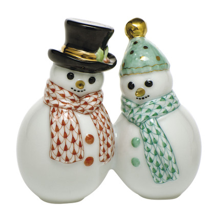 Herend Porcelain Fishnet Green Snowman Couple 1.5L X 3H