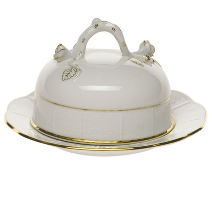 Herend Golden Edge Covered Butter Dish 6 inch D 3.5 inch H