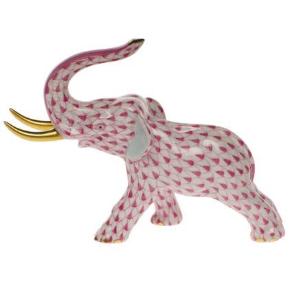 Herend Raspberry Fishnet Figurine - Elephant With Tusks 3.5 inch H X 5 inch L