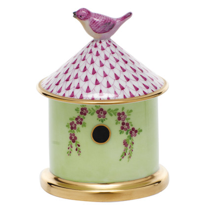 Herend Raspberry Fishnet Figurine - Bird House Box 3 inch D X 4 inch H