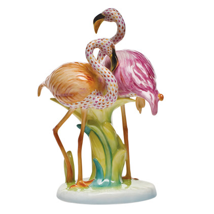 Herend Fishnet Figurine - Multicolor Reserve Flamingo Duet 4.75 inch L X 11 inch H