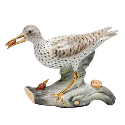 Herend Multicolored Fishnet Figurine - Spotted Sandpiper On Driftwood