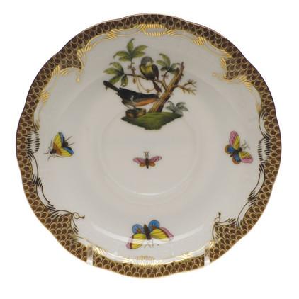 Herend Rothschild Bird Chocolate Brown Border Tea Saucer - Motif 02 6 inch D