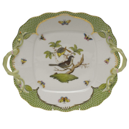 Herend Rothschild Bird Green Border Square Cake Plate With Handles