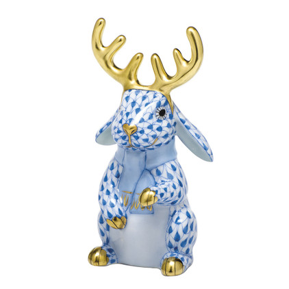 Herend Porcelain Shaded Blue Reindeer Rabbit 2L X 3.75H