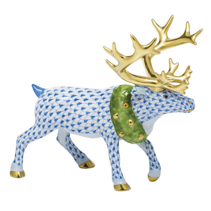 Herend Porcelain Shaded Blue Holiday Reindeer 6.5L X 5.75H