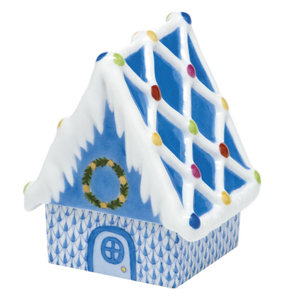 Herend Porcelain Shaded Blue Gingerbread House 2.75L X 3.5H