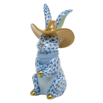 Herend Porcelain Shaded Blue Cowboy Bunny 2L X 2W X 3.5H