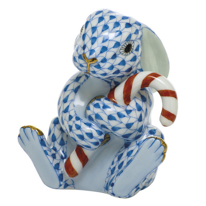 Herend Porcelain Shaded Blue Candy Cane Bunny 2.5L X 2.75H