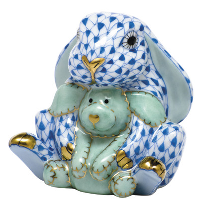 Herend Porcelain Shaded Blue Bunny And Lovey 2L X 2H