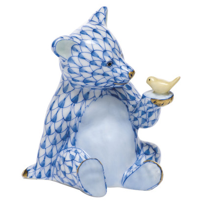 Herend Porcelain Shaded Blue Bear with Bird 2.25L X 2.75H