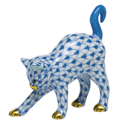 Herend Porcelain Shaded Blue Arched Cat 2.25L X 2.25H