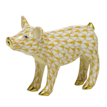 Herend Porcelain Shaded Butterscotch Smiling Pig 2.5L X 2H