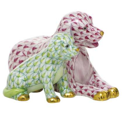 Herend Porcelain Shaded Multicolor Raspberry & Green Mommy And Me Dog Figurine 3.75L X 2H
