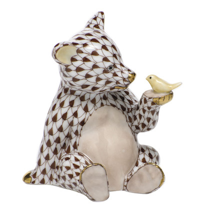 Herend Porcelain Shaded Chocolate Bear with Bird 2.25L X 2.75H