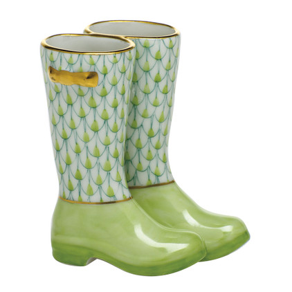 Herend Porcelain Shaded Key-Lime-Green Pair Of Rain Boots 2.25L X 2.5H