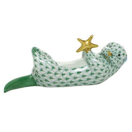 Herend Porcelain Shaded Green Sea Otter With Starfish 3.75L X 1.25H