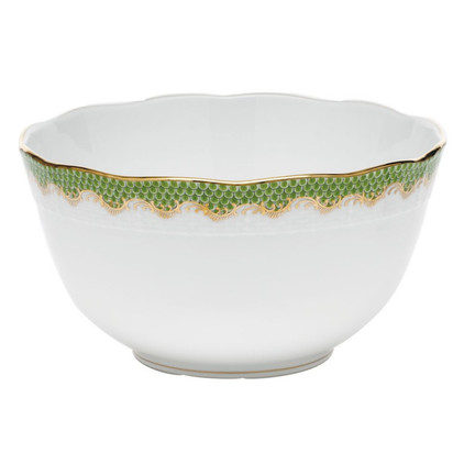 Herend White With Green Border Round Bowl (3.5Pt) 7.5 inch D - Evergreen