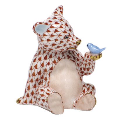 Herend Porcelain Shaded Rust Bear with Bird 2.25L X 2.75H